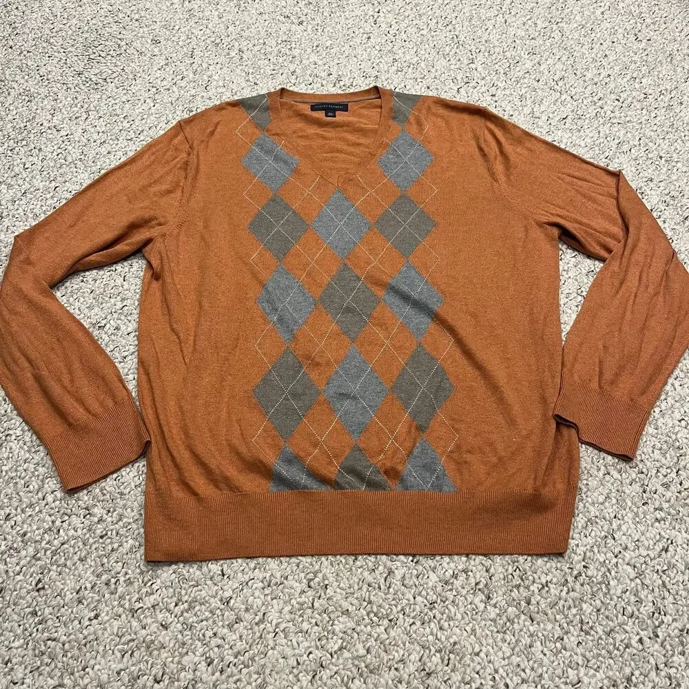 Banana Republic V Neck Argyle Diamond Sweater Silk Blend XL Preppy Classic